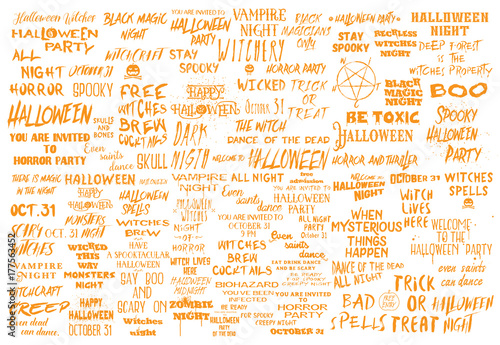 Halloween mega set of over 100 black and white scary and spooky quotes about October 31 holiday. Handmade and  brush lettering inscriptions collection. Holiday modern calligraphy illustration. Vector.