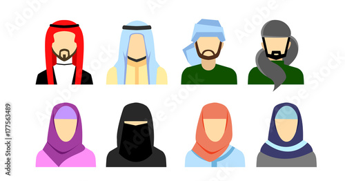 Arabic avatars in flat style. Arabic man and woman icons set. Vector illustration.