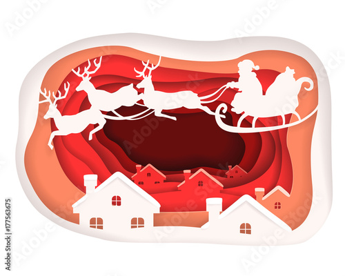 Santa Claus cut paper art style. Christmas origami concept. Deer riding. Vector illustration.