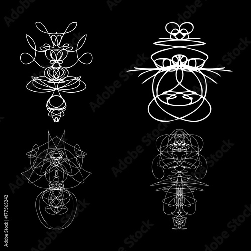 Voodoo spirits symmetrical symbols set. Abstract geometric hand drawn spiritual black magic craft insignia Voodoo deity. Occultism, sacred geometry magic alien. Vector.