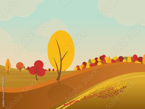 autumn rural landscape background with yellow trees in fields and hills. 