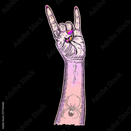 Pink gothic emo witch craft girl hand in rock n roll sign with poison spider and web flash tattoo. Heavy  metal music poster. Female feminine magic wrist fist gesture of demon, evil, Satan. Vector.