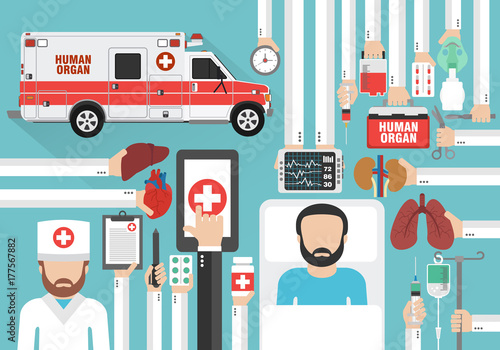 Human organ for transplantation car design flat with doctor and patient.Vector illustration