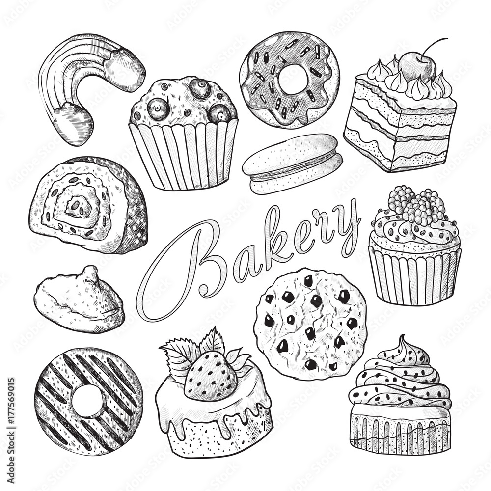 Hand Drawn Bakery Sweets Desserts Doodle. Sketch Set with Cupcake, Cookie, Donut, Macaroon and Muffin. Vector illustration