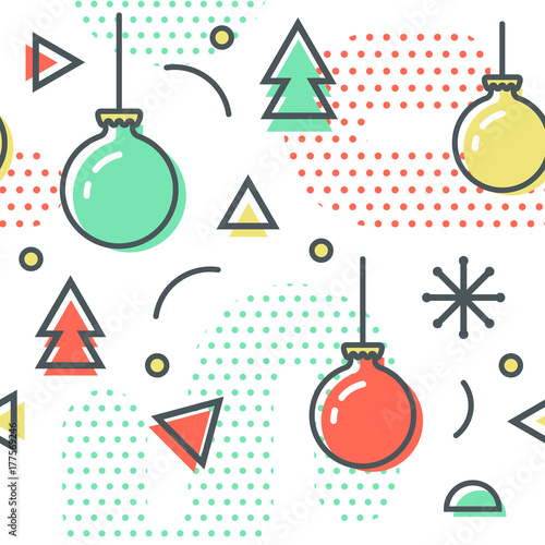 New Year Christmas Memphis Seamless Pattern. Abstract Trendy Background Retro Style. Modern Poster, Card Design with Geometric Elements. Vector illustration