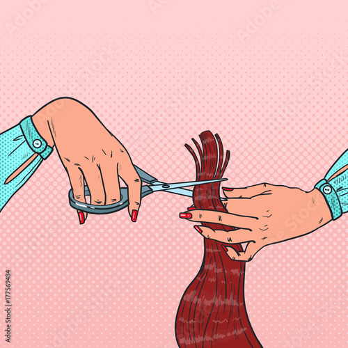 Pop Art Female Hairdressers Hands Cutting Hair with Scissors. Hairstylist, Beauty Salon Barber Shop. Vector illustration