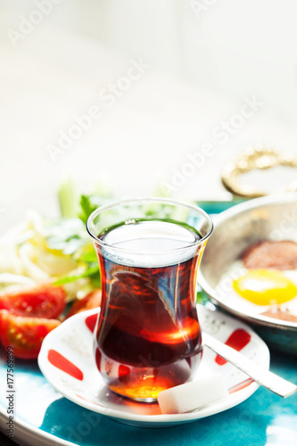Travel concept: setup with traditional turkish breakfast