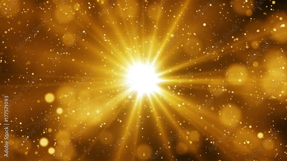 Glitter abstract background for celebration with light and shine in center. Golden dust and glowing sparks. Seamless loop.