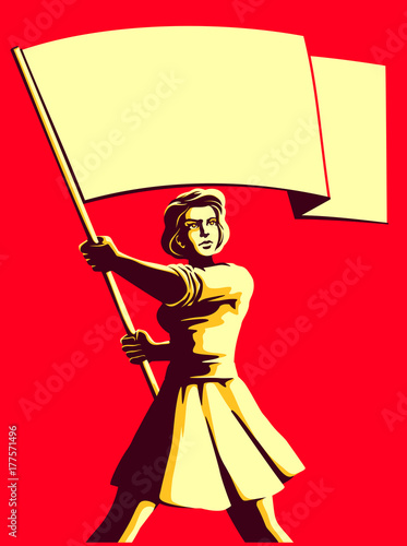 Vintage soviet socialist propaganda style patriot woman holding blank flag vector illustration, political protest activism patriotism photo