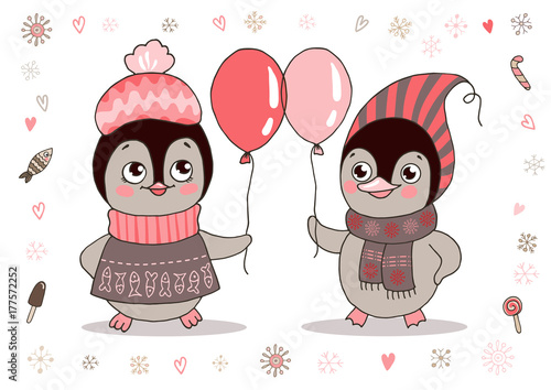 Cute little penguins girl in warm clothes and ear muffs