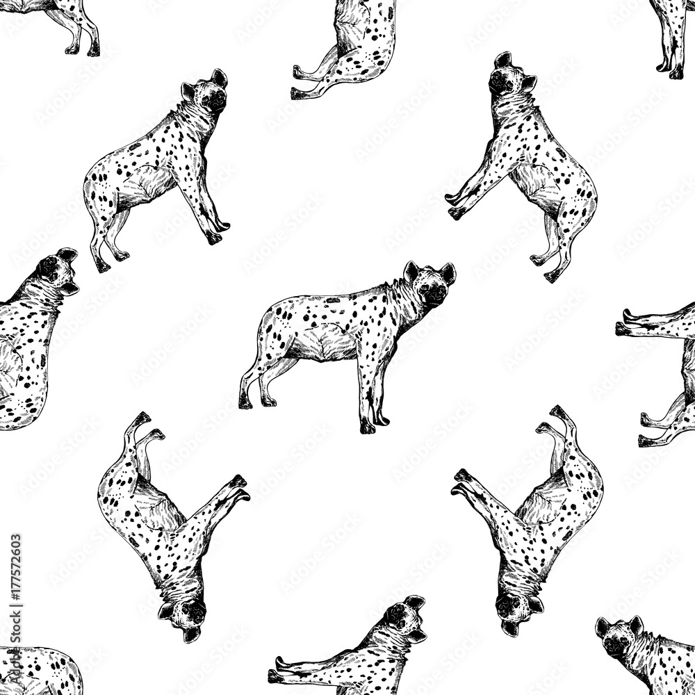 Obraz premium Seamless pattern of hand drawn sketch style hyenas. Vector illustration isolated on white background.