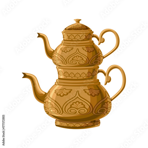 Turkish traditional antique decorated copper teapot with double kettles isolated on white background.