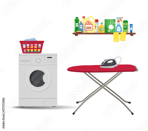 Laundry room. There is a washing machine, red ironing board, iron, a basket with linens in the picture. There is also a shelf with detergents here. Vector illustration.
