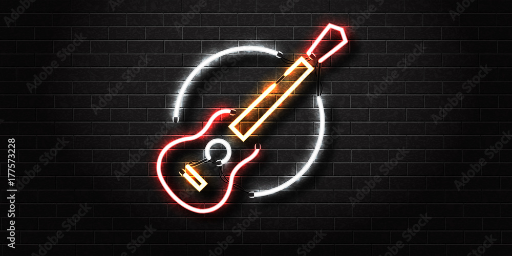 Obraz premium Vector realistic isolated neon sign of guitar for decoration and covering on the wall background. Concept of music, dj and live concert.