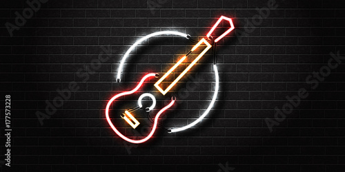 Vector realistic isolated neon sign of guitar for decoration and covering on the wall background. Concept of music, dj and live concert.