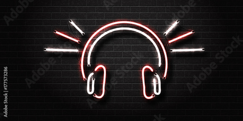 Vector realistic isolated neon sign of headset for decoration and covering on the wall background. Concept of music, dj and live concert.