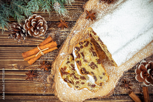 Christmas stollen on wooden background