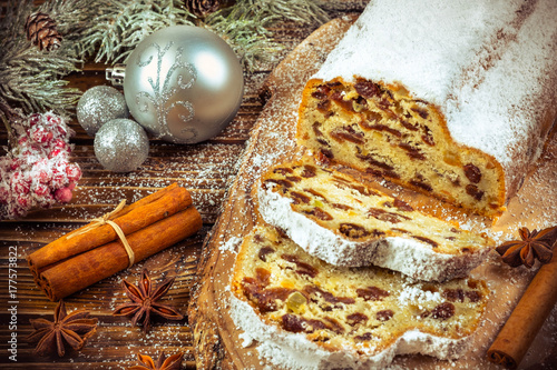 Christmas stollen on wooden background