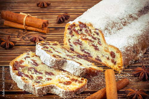 Christmas stollen on wooden background