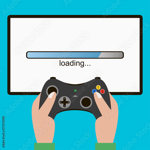 Hand hold video game controller, gamepad. Screen with loading bar. Gaming concept. Vector illustration.