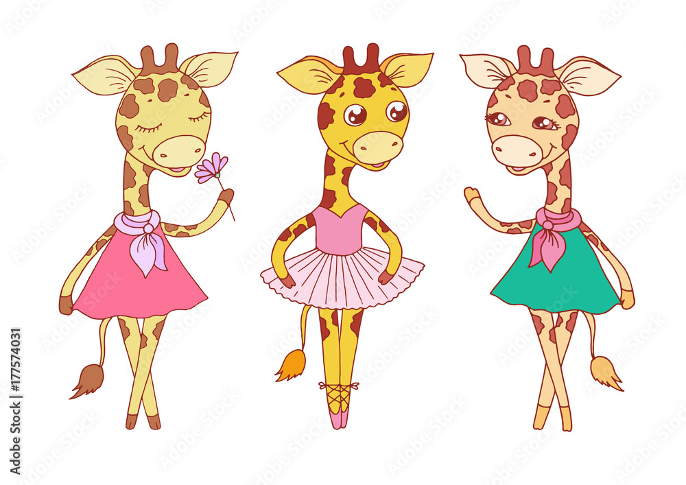 Cute giraffes - with closed eyes in pink dress, ballerina dances in a tutu and on pointes Cute giraffes - with closed eyes in pink dress, ballerina dances in a tutu and on pointes