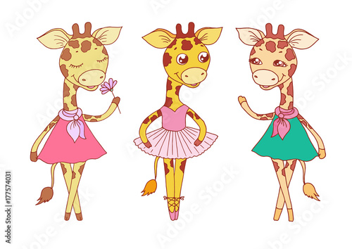 Cute giraffes - with closed eyes in pink dress, ballerina dances in a tutu and on pointes