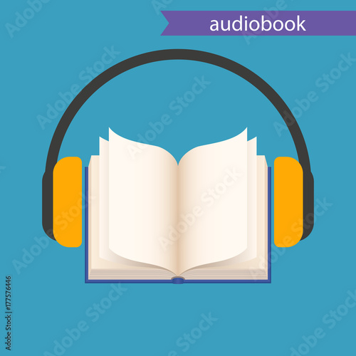 audiobook, vector icon. Open book and headphones on blue background.