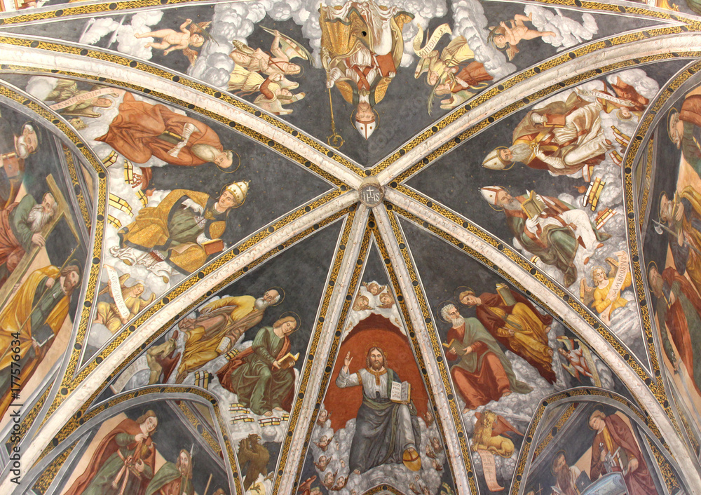chiesa di San Vigilio a Pinzolo; volta del presbiterio con San Vigilio, Cristo, i quattro evangelisti e quattro dottori della Chiesa - obrazy, fototapety, plakaty 