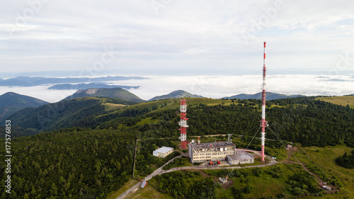 Aerial view of broadcasting tower Krizava on top of Martinske Hole hills, Slovakia photo