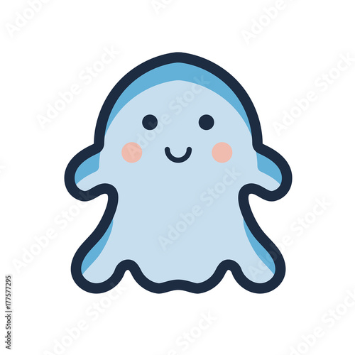 Cute ghost vector flat line icon with happy kawaii smile. Simple