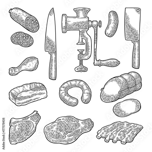 Set meat products and kitchen equipment. Vintage black vector engraving