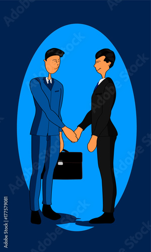 Hombres de negocios con maletin y traje haciendo trato y dandose la mano
