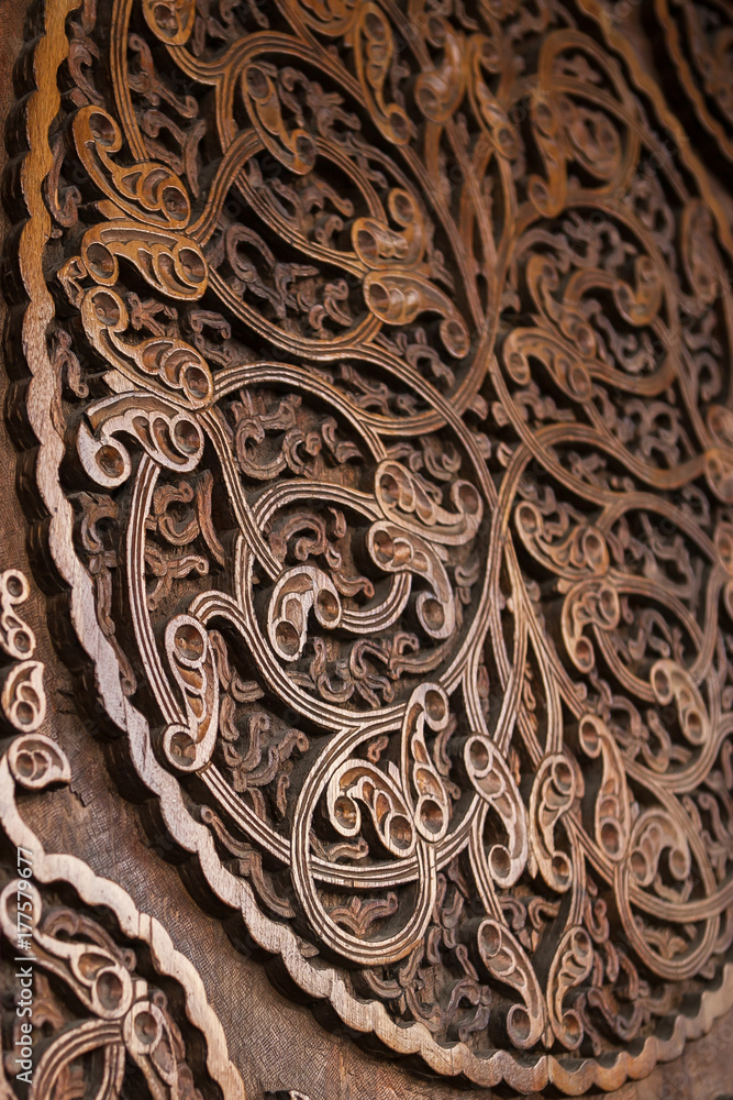 Wooden door, floral ornament, handmade carving