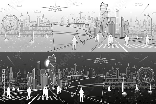 City embankment. Ship in the port, modern architecture at background. Town infrastructure. People walk down the street. Evening illuminated highway. Vector design art