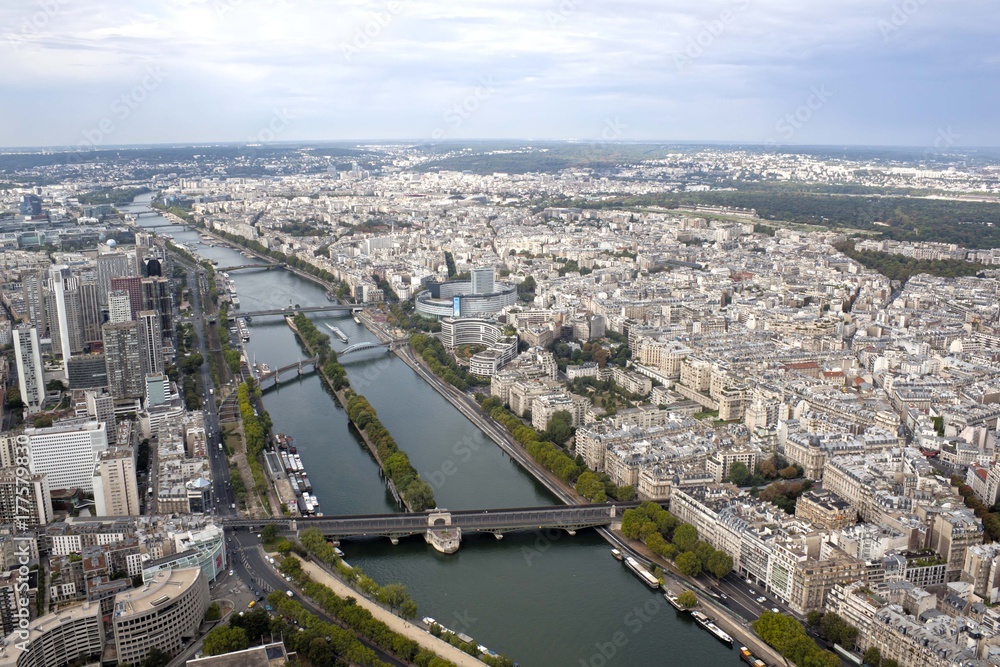 Seine river, bridges and Paris from an aerial view, France