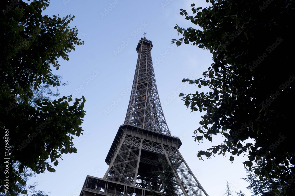 metal Eiffel tower between leaves, Paris, France metal Eiffel tower between leaves, Paris, France