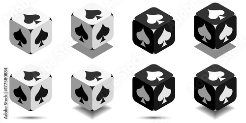 Cube with card spade in black and white colors, vector icon of playing spade