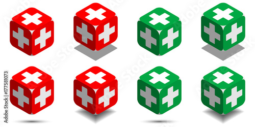 Cube with medical cross in red and green colors, isometric cube of health