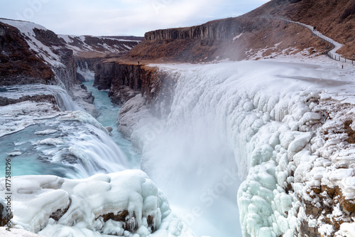 Gullfoss waterfall view in the canyon of the Hvita river during winter snow Iceland