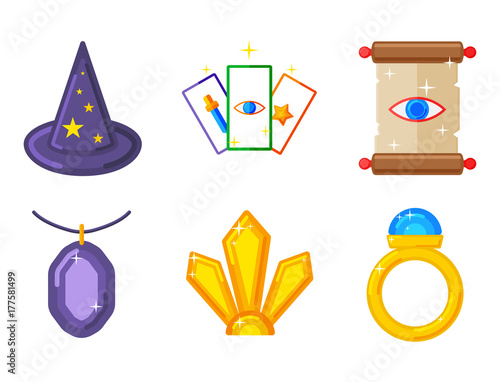 Special magic symbol magician fantasy carnival mystery tools cartoon miracle decoration vector illustration.