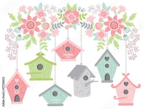 Vector Birdhouses Hanging from Blooming Branch