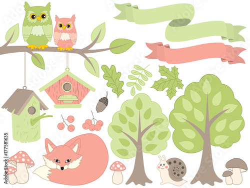 Summer Forest Set with Animals and Plants