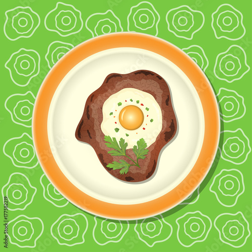 Fried meat with egg and parsley on the plate