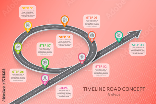 Isometric navigation map infographic 8 steps timeline concept