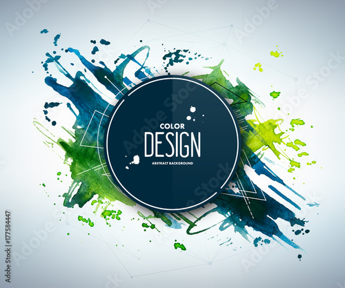 Blue-green abstract watercolor background with geometric pattern and place for text. Hand drawn watercolor stains, splashes and drops. Template for covers, flyers, banners, posters, placards
