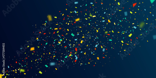 Colorful confetti fly randomly. Abstract dark background with explosion particles. Vector illustration can be used for greeting card, carnival, holiday, celebration.