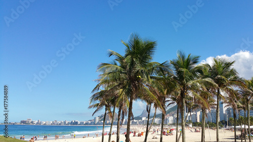 View with coconut trees on copacabana beach Rio de Janeiro Brazil