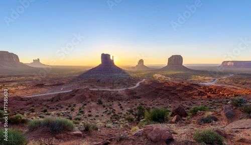 Sunrise at Monument Valley  Panorama of the Mitten Buttes - seen from the visitor center at the Navajo Tribal Park - Arizona and Utah  USA