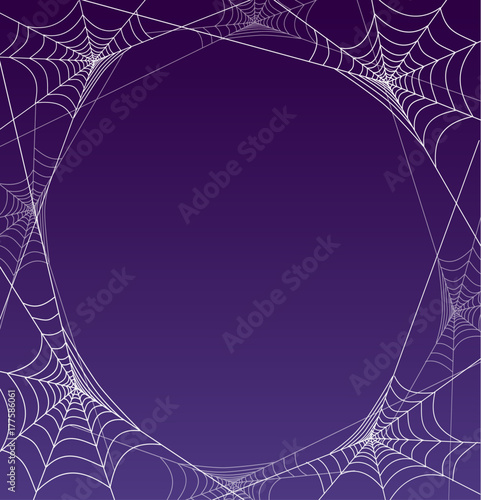 Spooky spider web frame with purple background. Space for text. For poster, web banners, cards, invitations.  Halloween vector illustration.