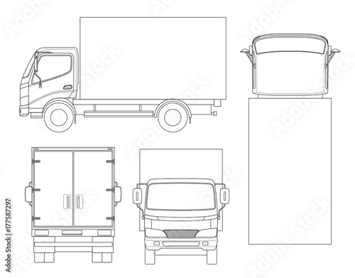 Cargo Truck transportation on outline. Fast delivery or logistic transport. Easy color change. Template vector isolated on white View front, rear, side, top